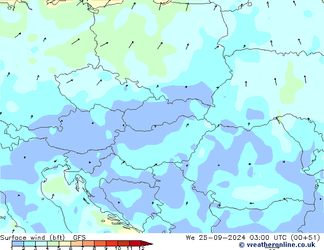 Surface wind (bft) GFS We 25.09.2024 03 UTC