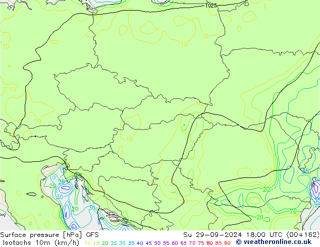 Isotachs (kph) GFS dom 29.09.2024 18 UTC