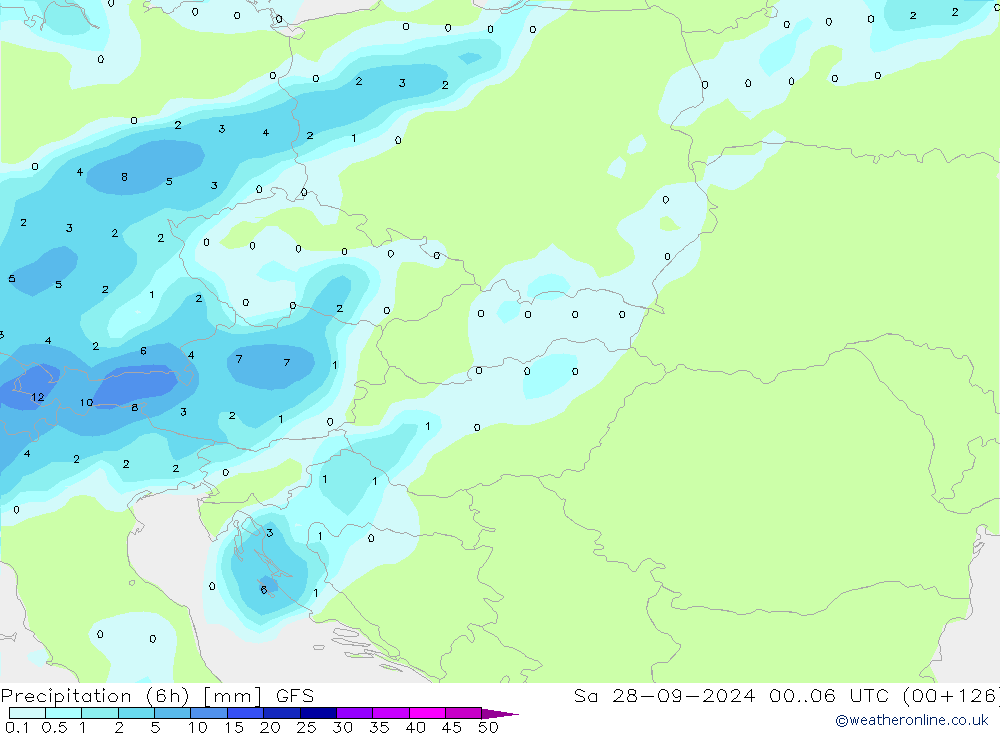 Totale neerslag (6h) GFS za 28.09.2024 06 UTC