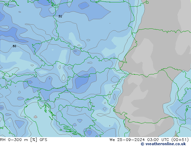 Humedad rel. 0-300m GFS mié 25.09.2024 03 UTC