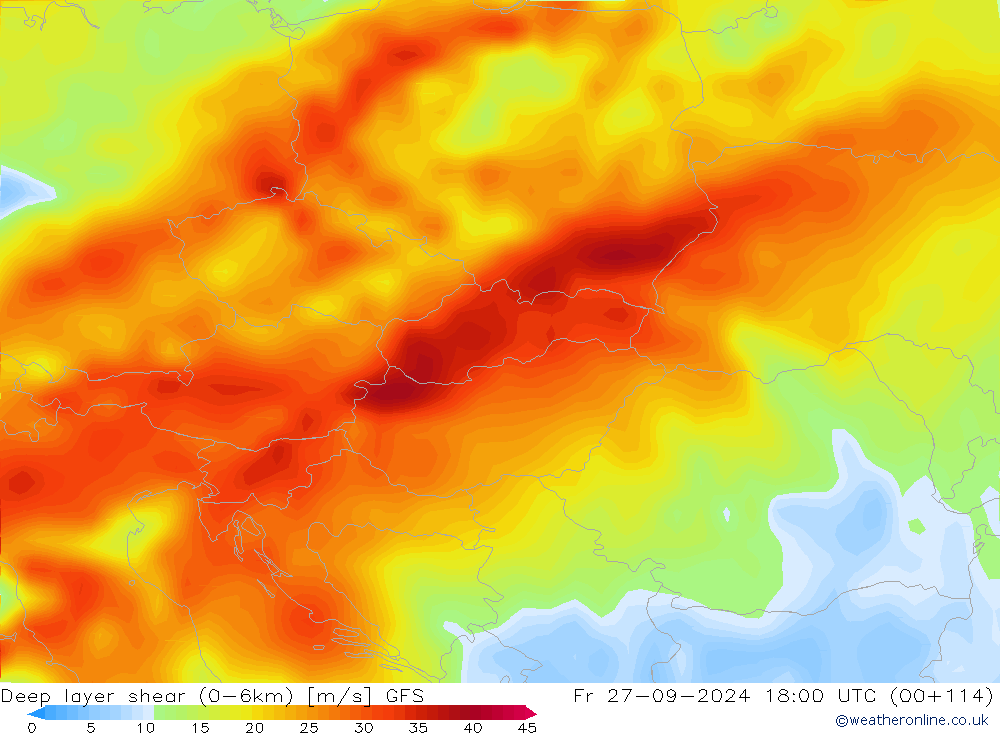 Deep layer shear (0-6km) GFS Pá 27.09.2024 18 UTC