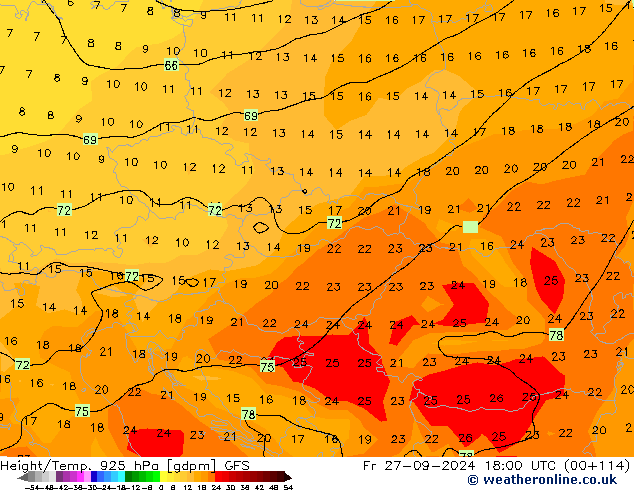 Géop./Temp. 925 hPa GFS ven 27.09.2024 18 UTC