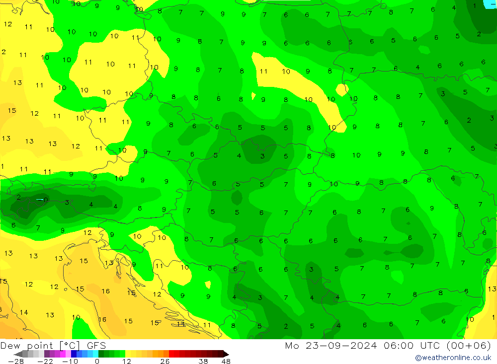 Rosný bod GFS Po 23.09.2024 06 UTC