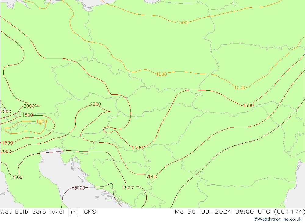 Wet bulb zero level GFS Mo 30.09.2024 06 UTC