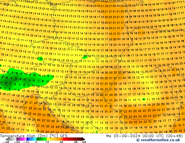 Max. Temperatura (2m) GFS śro. 25.09.2024 00 UTC