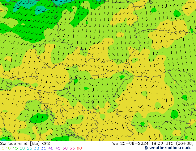 Viento 10 m GFS mié 25.09.2024 18 UTC