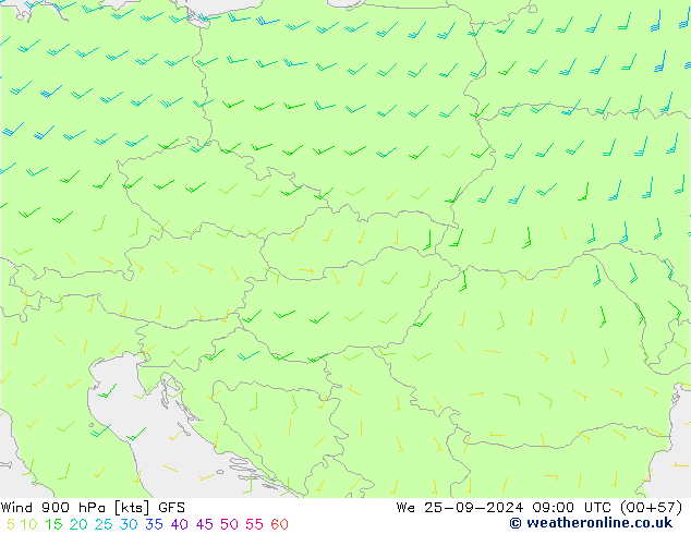 Wind 900 hPa GFS Mi 25.09.2024 09 UTC