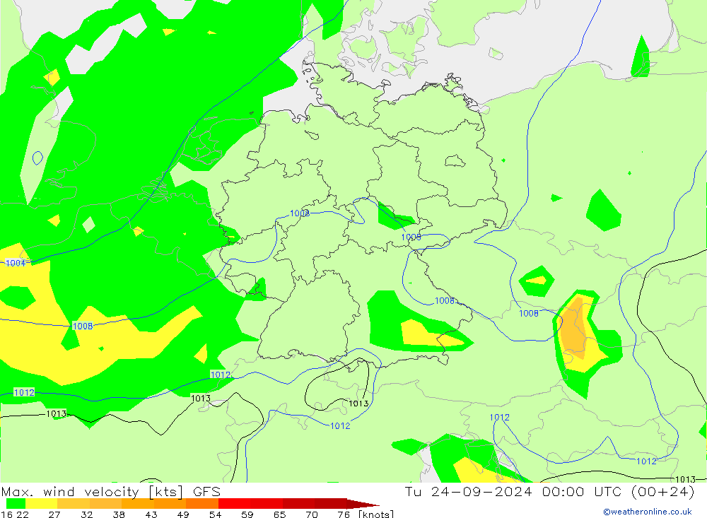 Maks. Rüzgar Hızı GFS Sa 24.09.2024 00 UTC