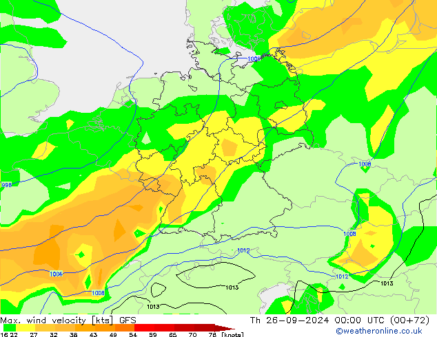 Max. wind velocity GFS gio 26.09.2024 00 UTC