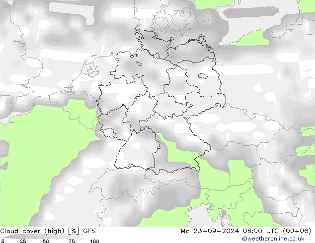 Cloud cover (high) GFS Mo 23.09.2024 06 UTC