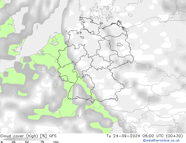 Cloud cover (high) GFS Tu 24.09.2024 06 UTC