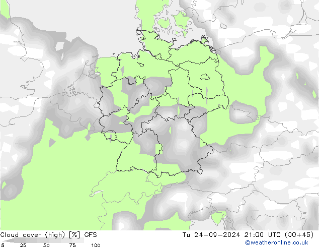 Wolken (hohe) GFS Di 24.09.2024 21 UTC