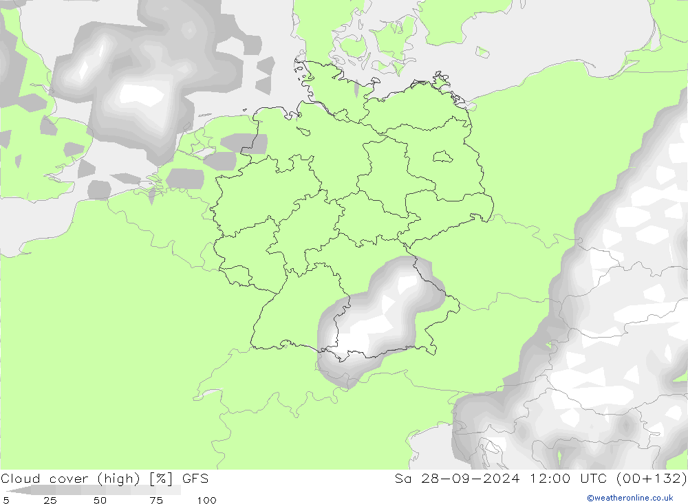 zachmurzenie (wysokie) GFS so. 28.09.2024 12 UTC