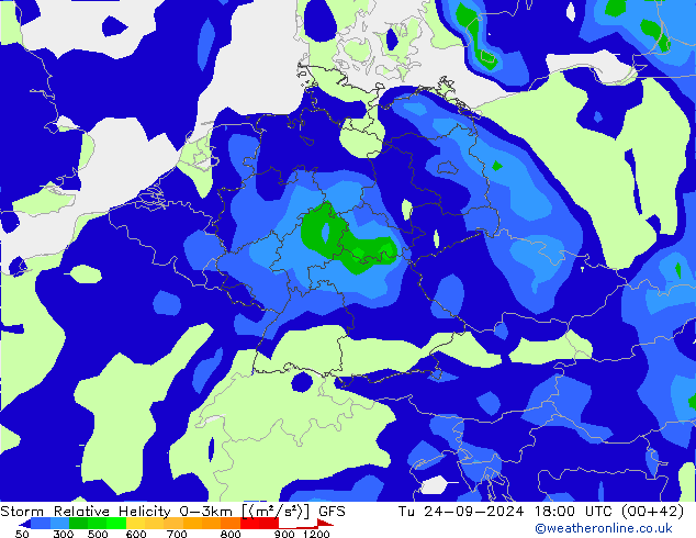 Storm Relative Helicity GFS Út 24.09.2024 18 UTC