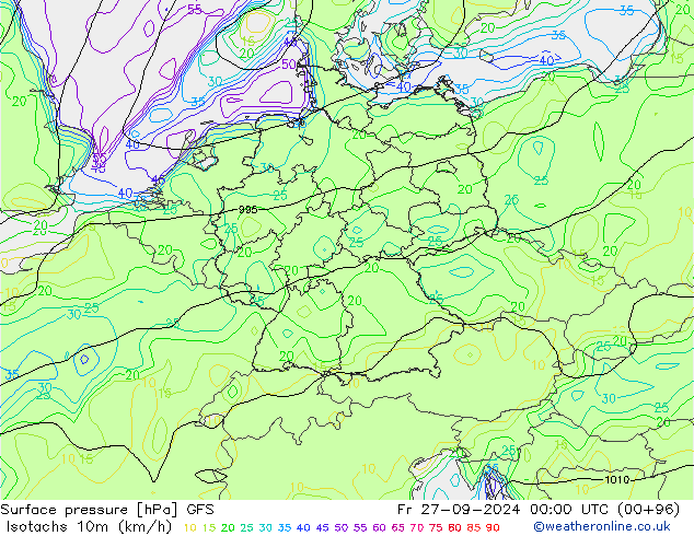 Isotachs (kph) GFS Pá 27.09.2024 00 UTC