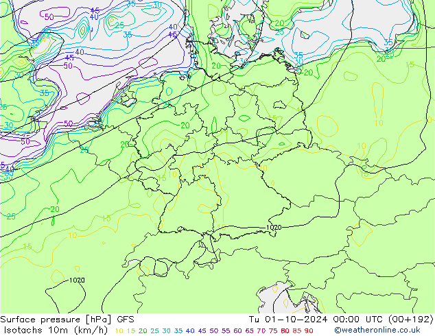 Isotachen (km/h) GFS Di 01.10.2024 00 UTC