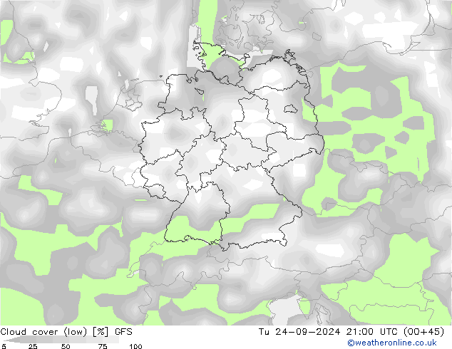 Bewolking (Laag) GFS di 24.09.2024 21 UTC