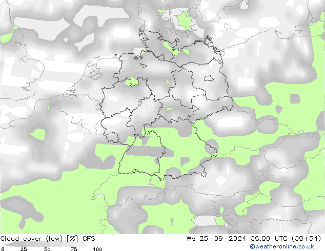 Cloud cover (low) GFS We 25.09.2024 06 UTC