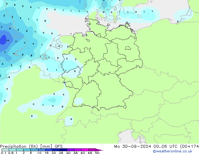 Z500/Rain (+SLP)/Z850 GFS lun 30.09.2024 06 UTC