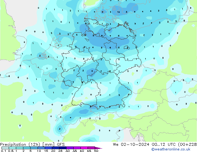 Precipitation (12h) GFS We 02.10.2024 12 UTC