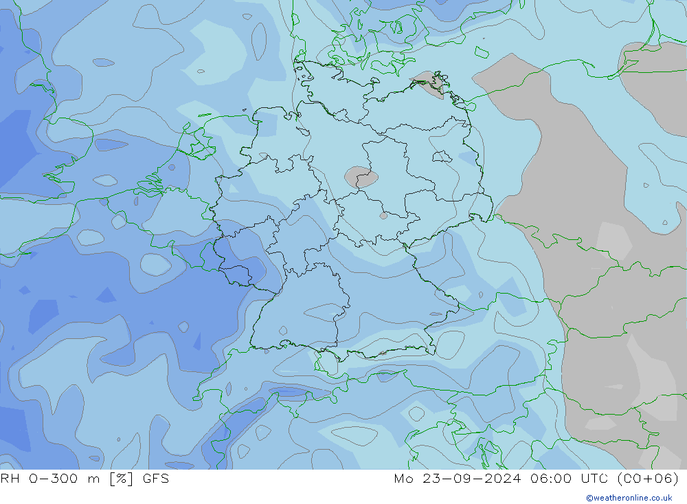 RH 0-300 m GFS Mo 23.09.2024 06 UTC