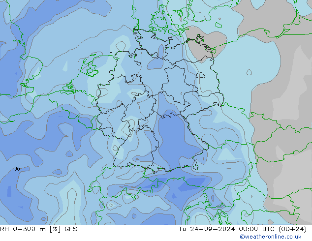 RH 0-300 m GFS Út 24.09.2024 00 UTC