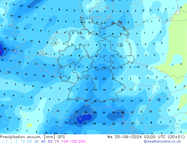 Précipitation accum. GFS mer 25.09.2024 03 UTC