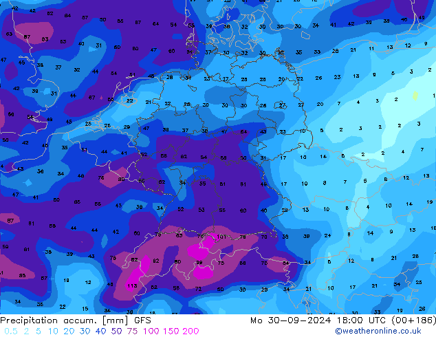 Totale neerslag GFS ma 30.09.2024 18 UTC