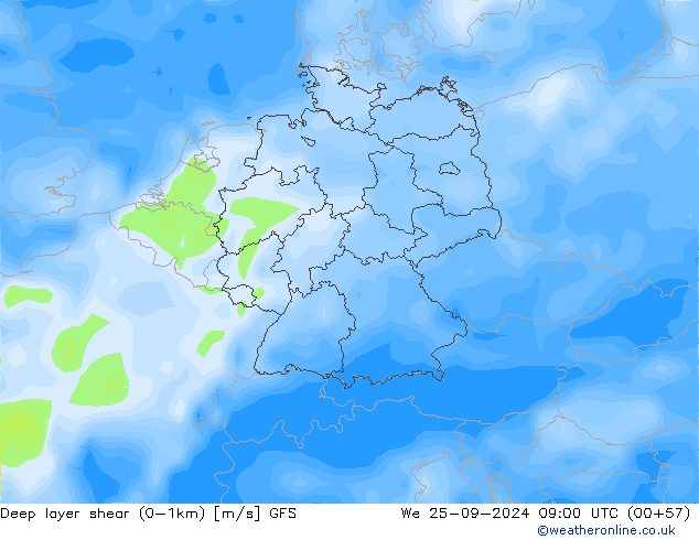 Deep layer shear (0-1km) GFS We 25.09.2024 09 UTC