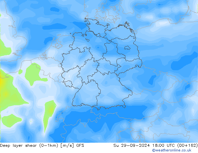 Deep layer shear (0-1km) GFS Dom 29.09.2024 18 UTC