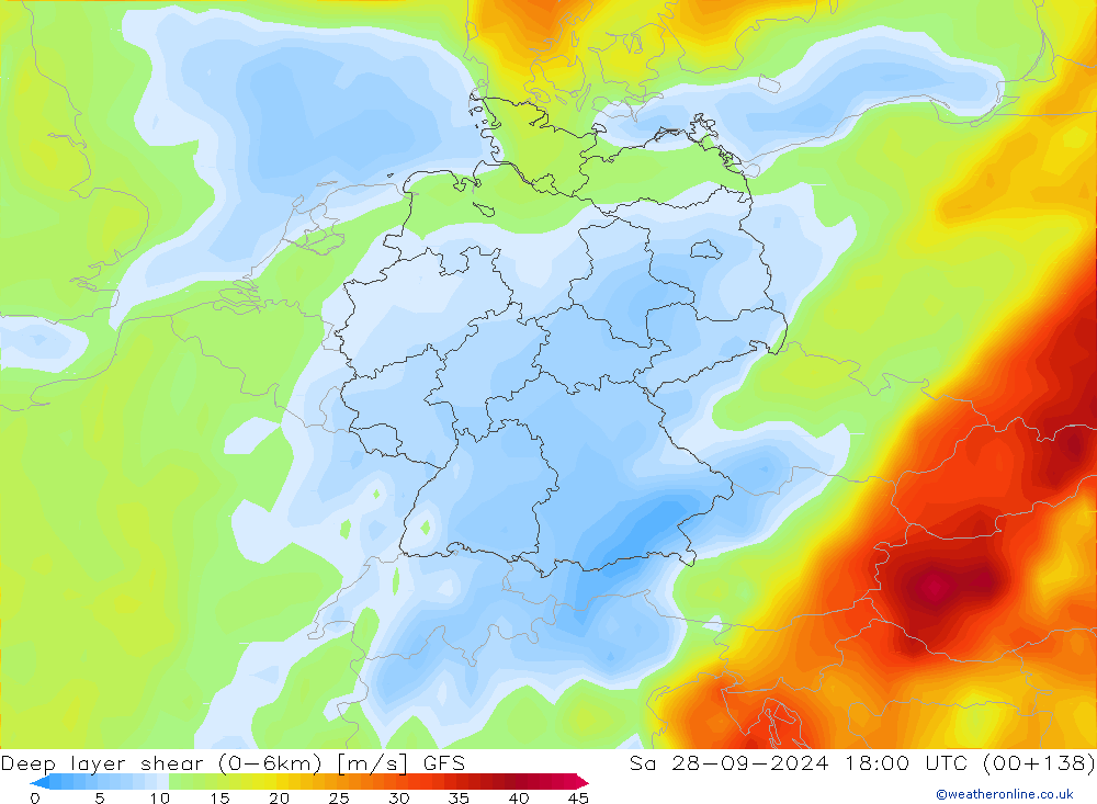 Deep layer shear (0-6km) GFS So 28.09.2024 18 UTC