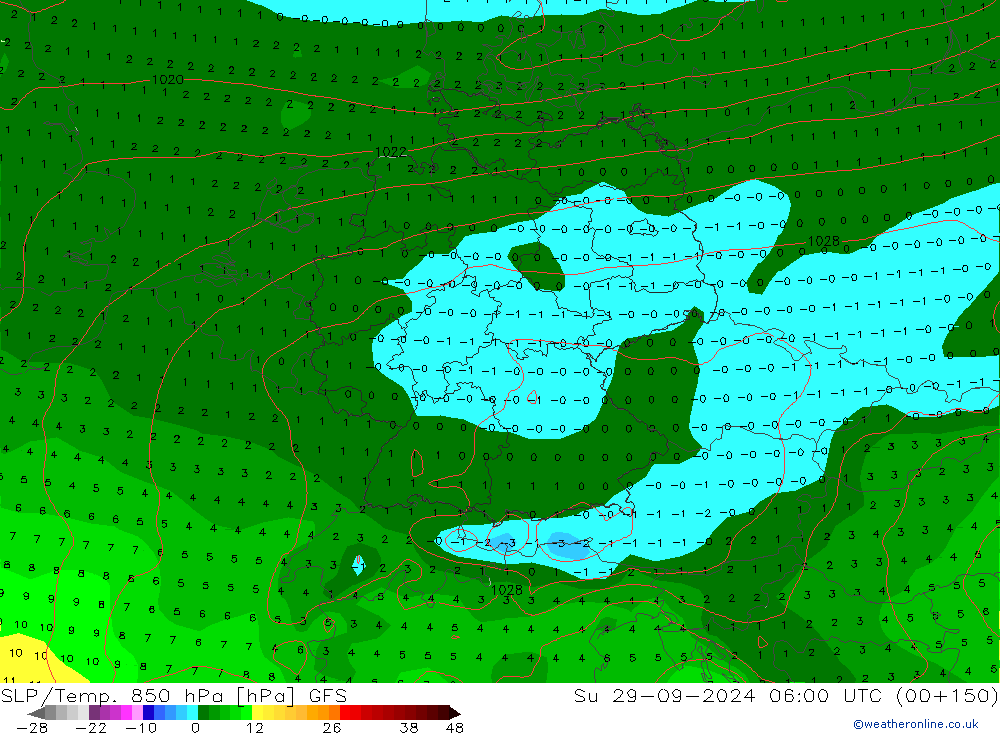 SLP/Temp. 850 hPa GFS Su 29.09.2024 06 UTC