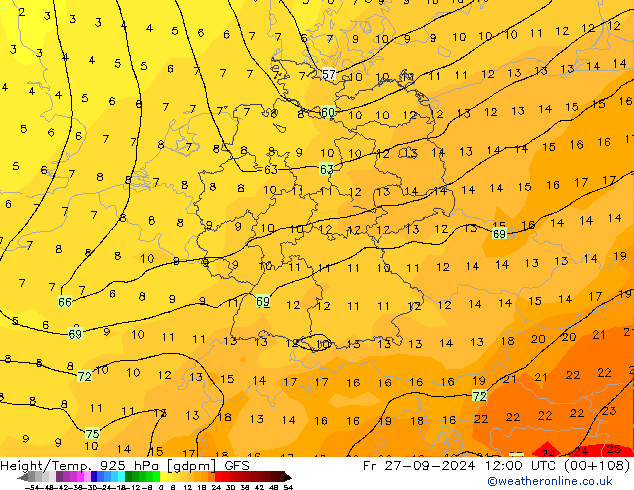 Height/Temp. 925 hPa GFS Fr 27.09.2024 12 UTC