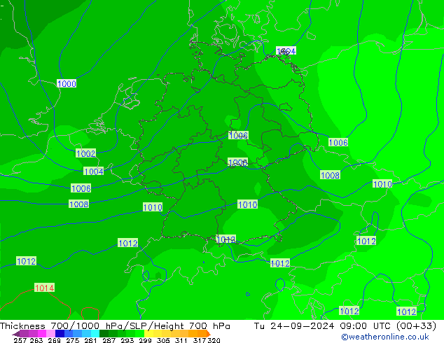 Thck 700-1000 hPa GFS Tu 24.09.2024 09 UTC