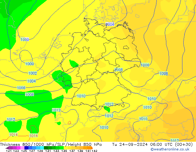 Espesor 850-1000 hPa GFS mar 24.09.2024 06 UTC