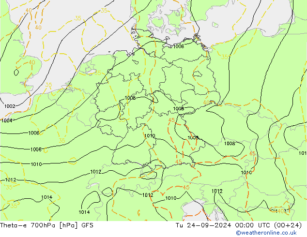 Theta-e 700hPa GFS Tu 24.09.2024 00 UTC