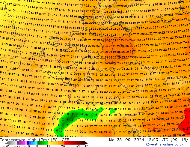 Nejvyšší teplota (2m) GFS Po 23.09.2024 18 UTC