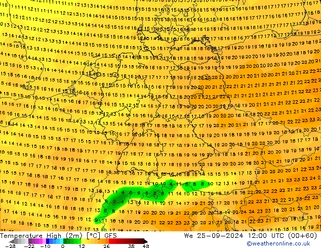 Nejvyšší teplota (2m) GFS St 25.09.2024 12 UTC