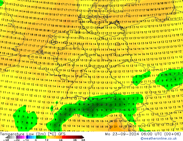 Nejnižší teplota (2m) GFS Po 23.09.2024 06 UTC