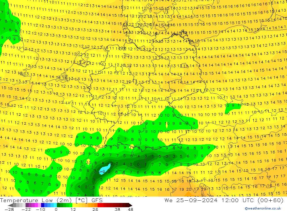 temperatura mín. (2m) GFS Qua 25.09.2024 12 UTC