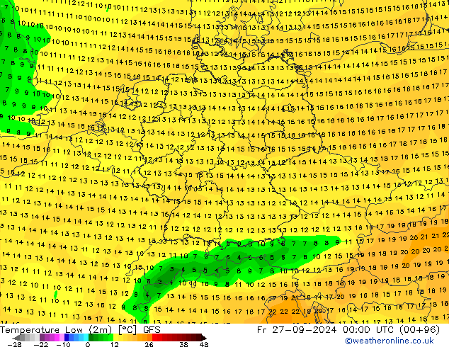 Min.temperatuur (2m) GFS vr 27.09.2024 00 UTC