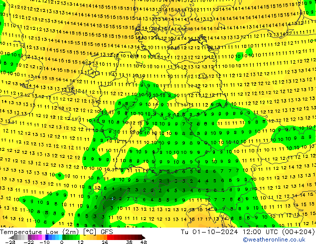 Tiefstwerte (2m) GFS Di 01.10.2024 12 UTC