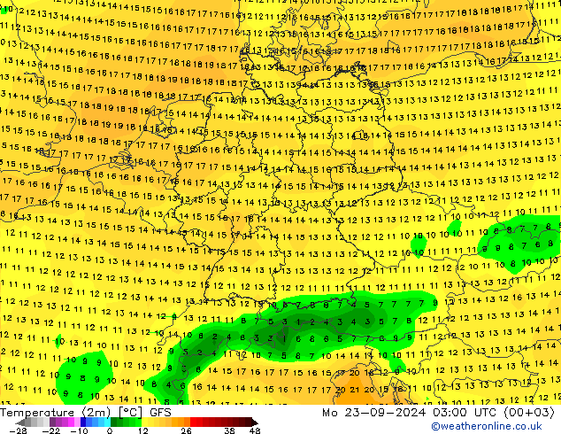 Temperature (2m) GFS Mo 23.09.2024 03 UTC