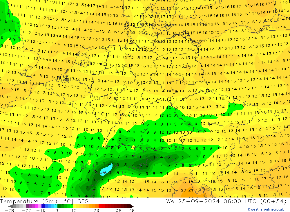 Temperatura (2m) GFS mié 25.09.2024 06 UTC