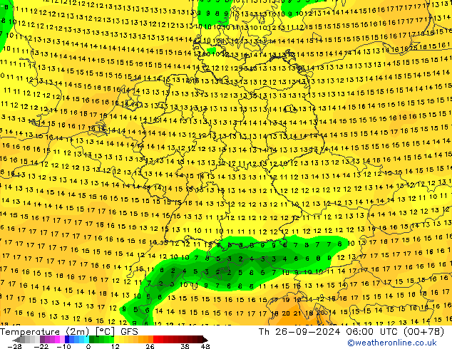 Temperature (2m) GFS Th 26.09.2024 06 UTC