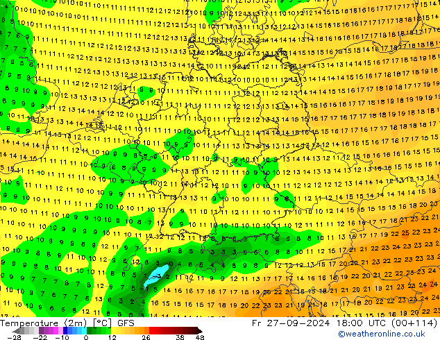 Temperaturkarte (2m) GFS Fr 27.09.2024 18 UTC