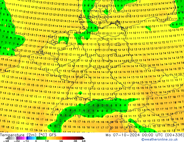 Temperatura (2m) GFS lun 07.10.2024 00 UTC