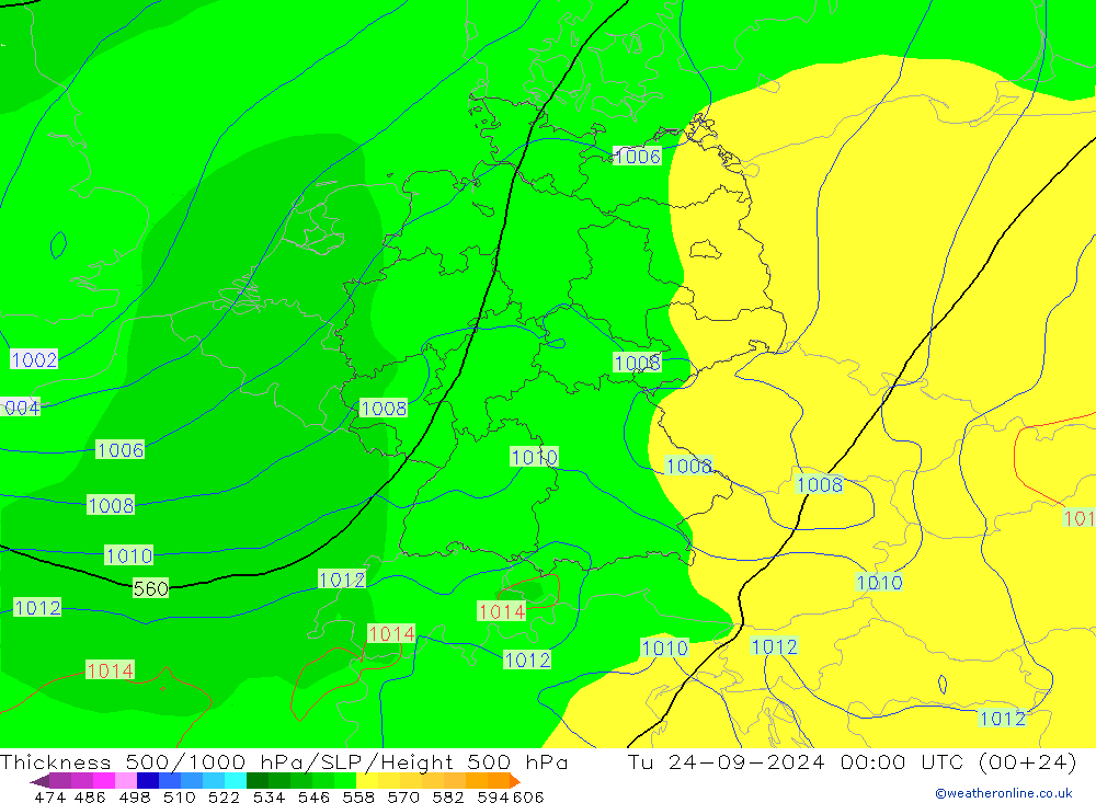 500-1000 hPa Kalınlığı GFS Sa 24.09.2024 00 UTC