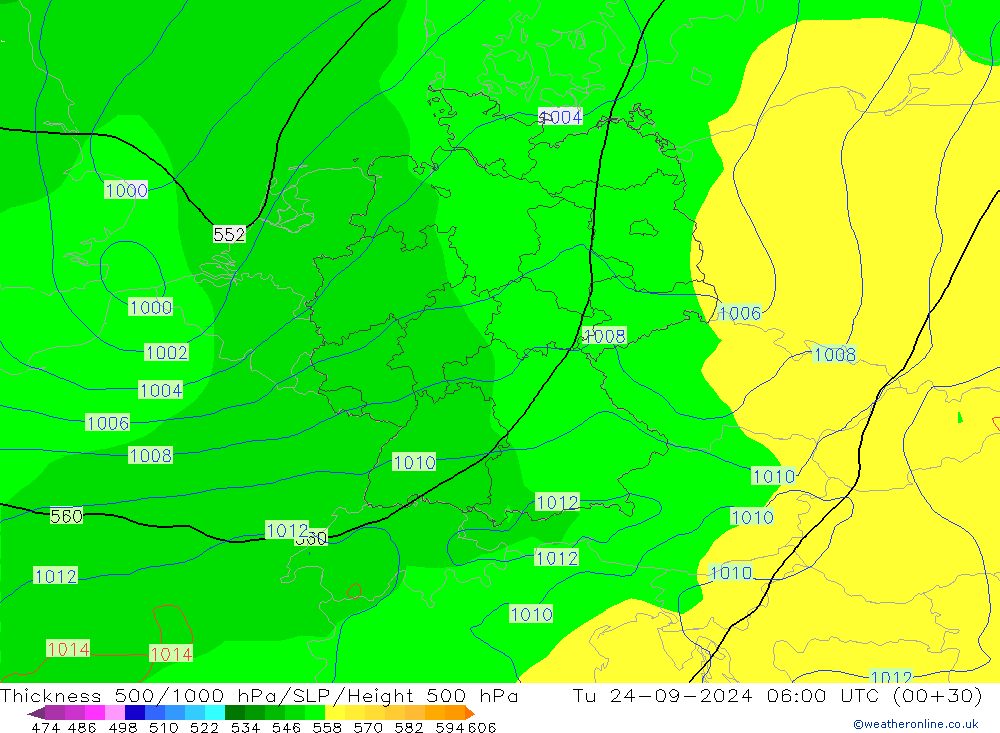 Thck 500-1000hPa GFS Tu 24.09.2024 06 UTC