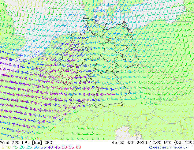 Wind 700 hPa GFS Mo 30.09.2024 12 UTC